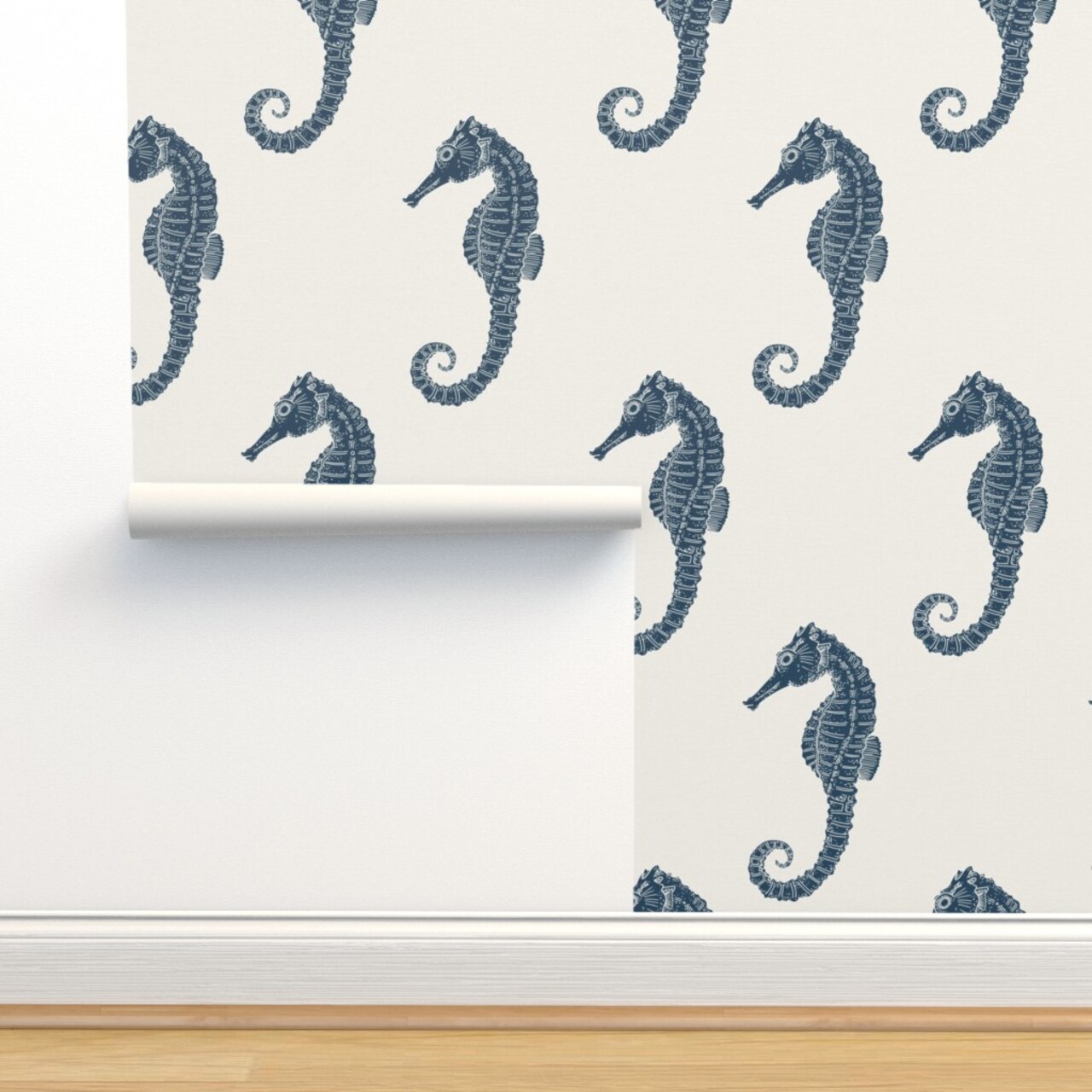 Coastal Seahorse Beach Sealife Sea Ocean Nautical Blue Cream Maritime Xl Scale Custom Removable Wallpaper by Spoonflower Peel & Stick Wallpaper 2FT Wide